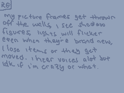Drawn comment by ghostfire
"my picture frames get thrown off the walls. I see shadowy figures, lights will flicker even when they're brand new. I lose items or they get moved. I hear voices alot but idk if i'm crazy or what."