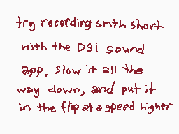 Drawn comment by piyopi!
"try recording smth short with the DSi sound app. Slow it all the way down, and put it in the flip at a speed higher"